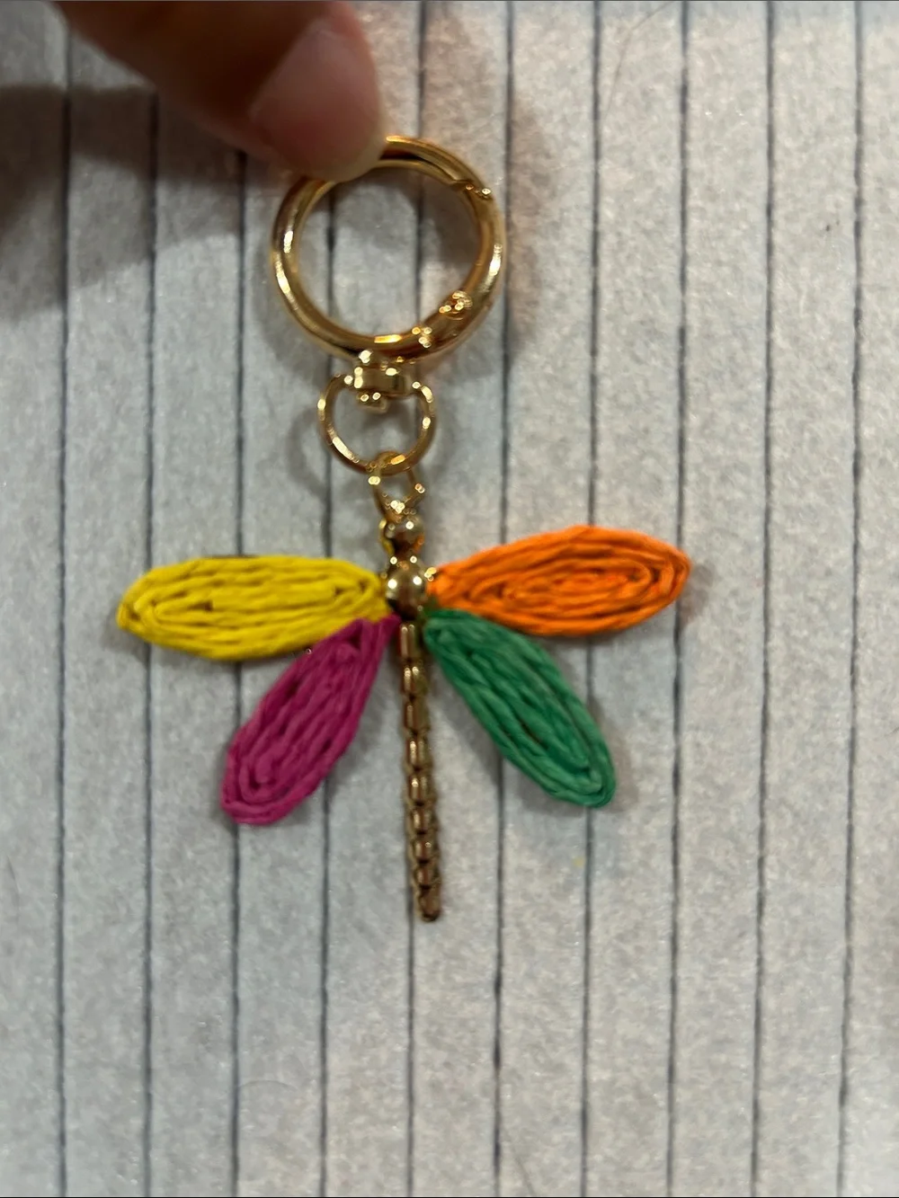 Gold Dragonfly Keychain with Yellow, Orange, Pink and Green Wings